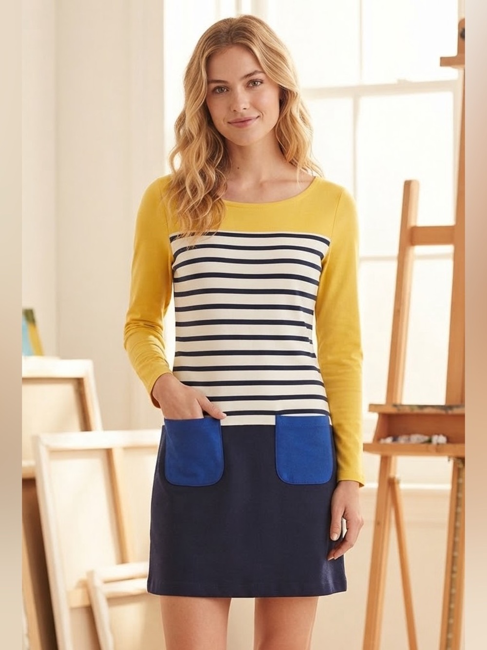 Boden Women's 2 Yellow Navy White Stripe Colorblock Mini Sheath Shirt Dress